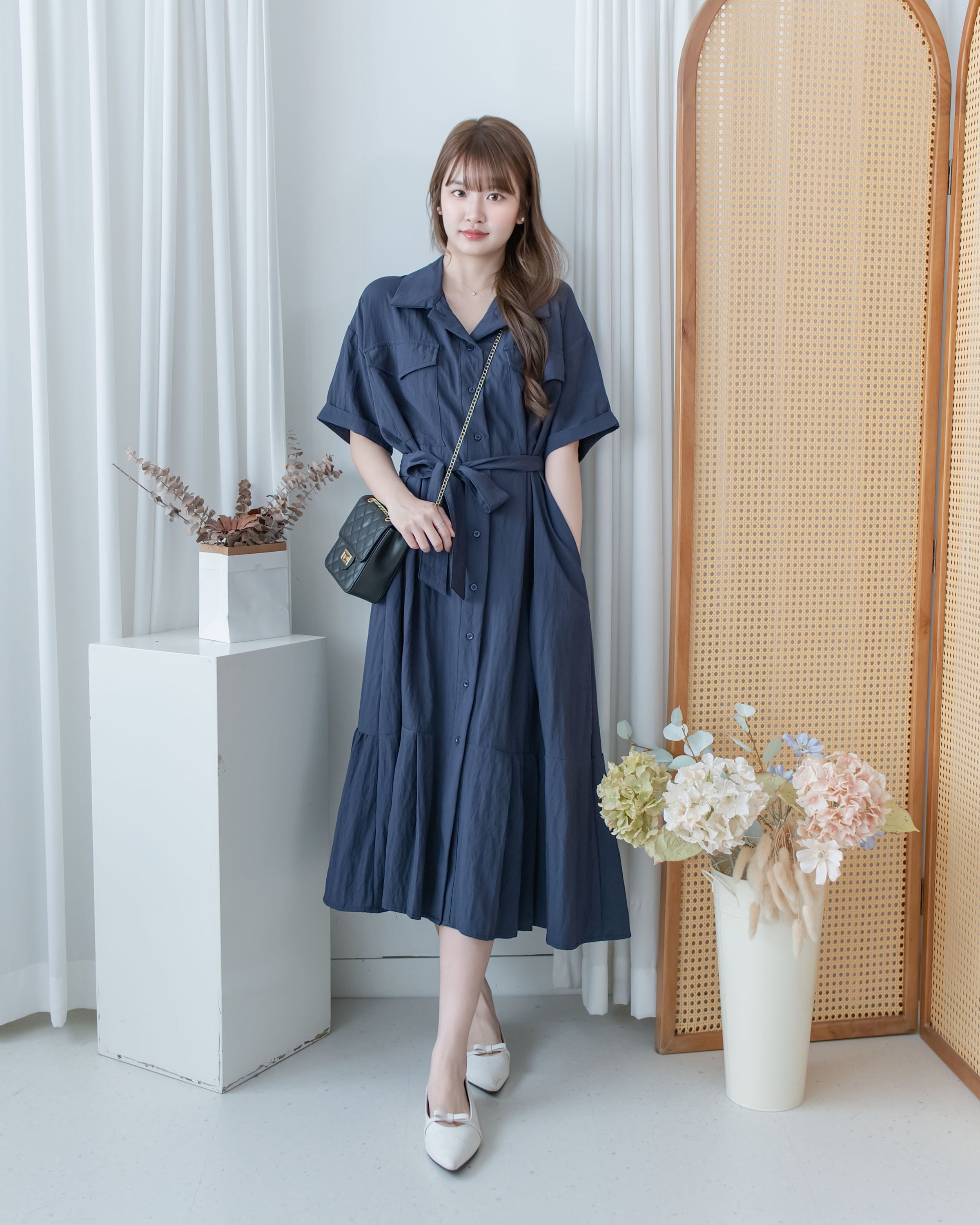 Louisa Dress 翻褶袖子修腰裙擺車褶連身裙/ DS1132