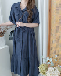 Louisa Dress 翻褶袖子修腰裙擺車褶連身裙/ DS1132