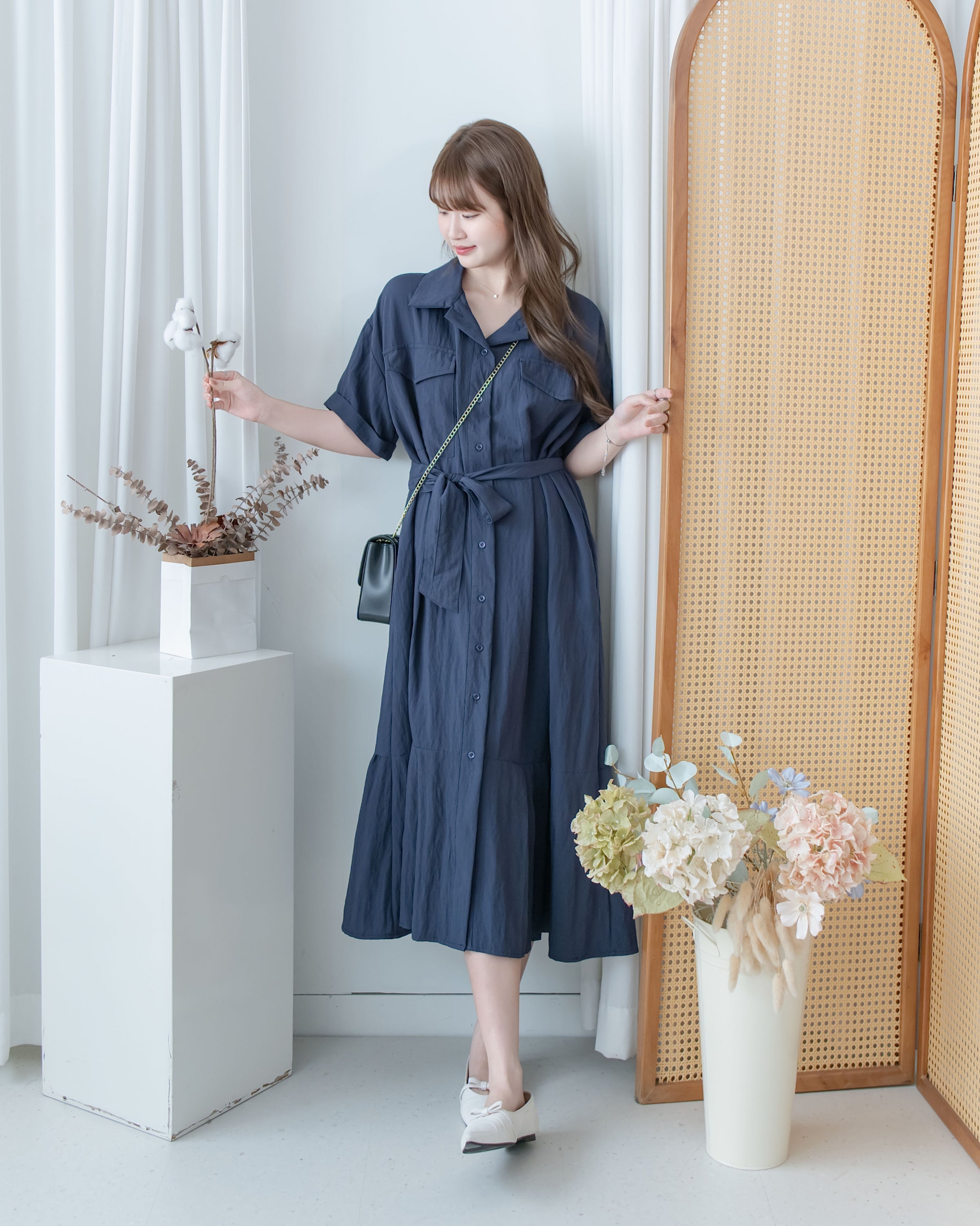 Louisa Dress 翻褶袖子修腰裙擺車褶連身裙/ DS1132