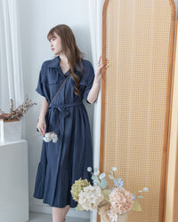 Louisa Dress 翻褶袖子修腰裙擺車褶連身裙/ DS1132