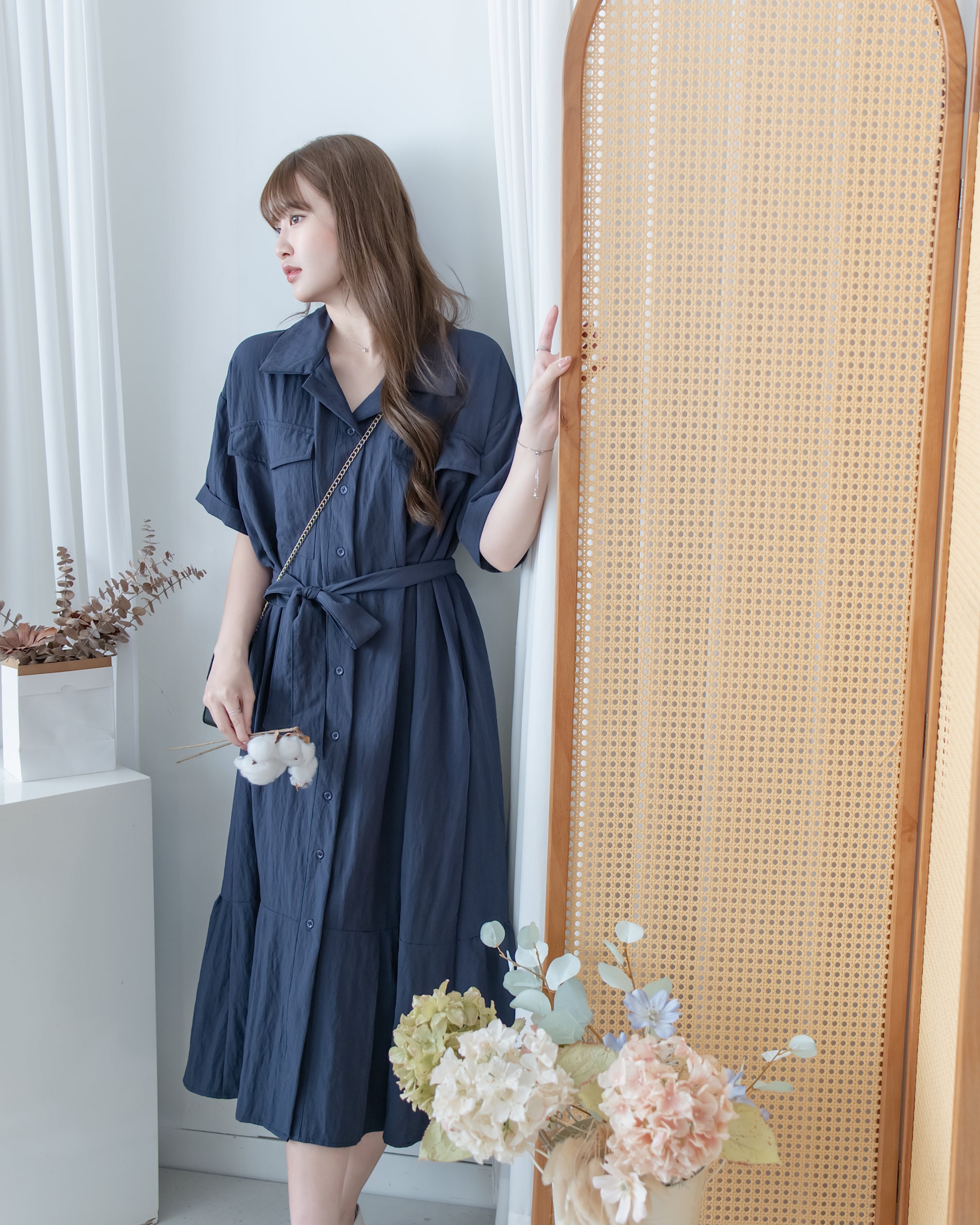 Louisa Dress 翻褶袖子修腰裙擺車褶連身裙/ DS1132