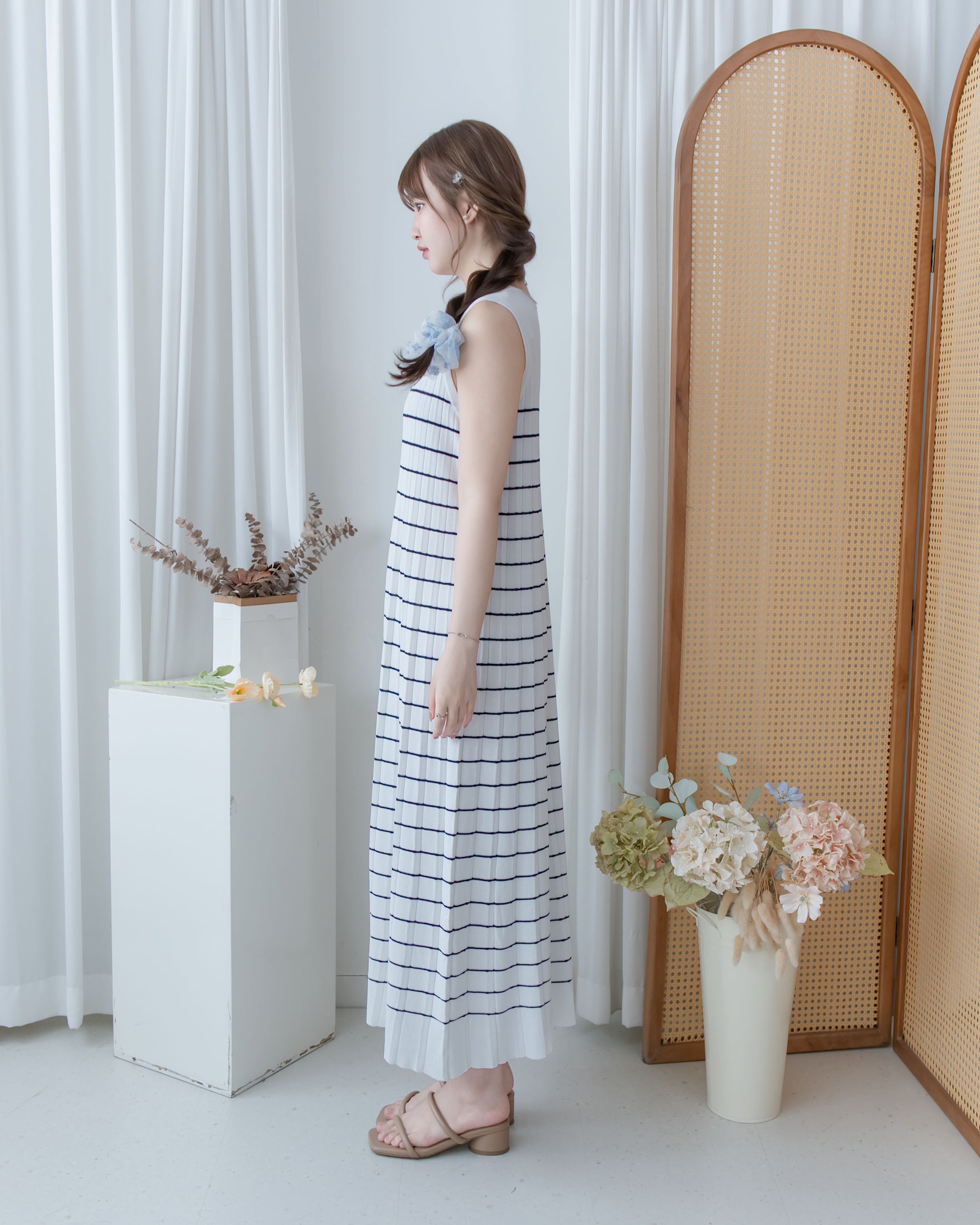 Pleated Striped Dress 條紋百褶細緻針織背心長裙/ DS1130
