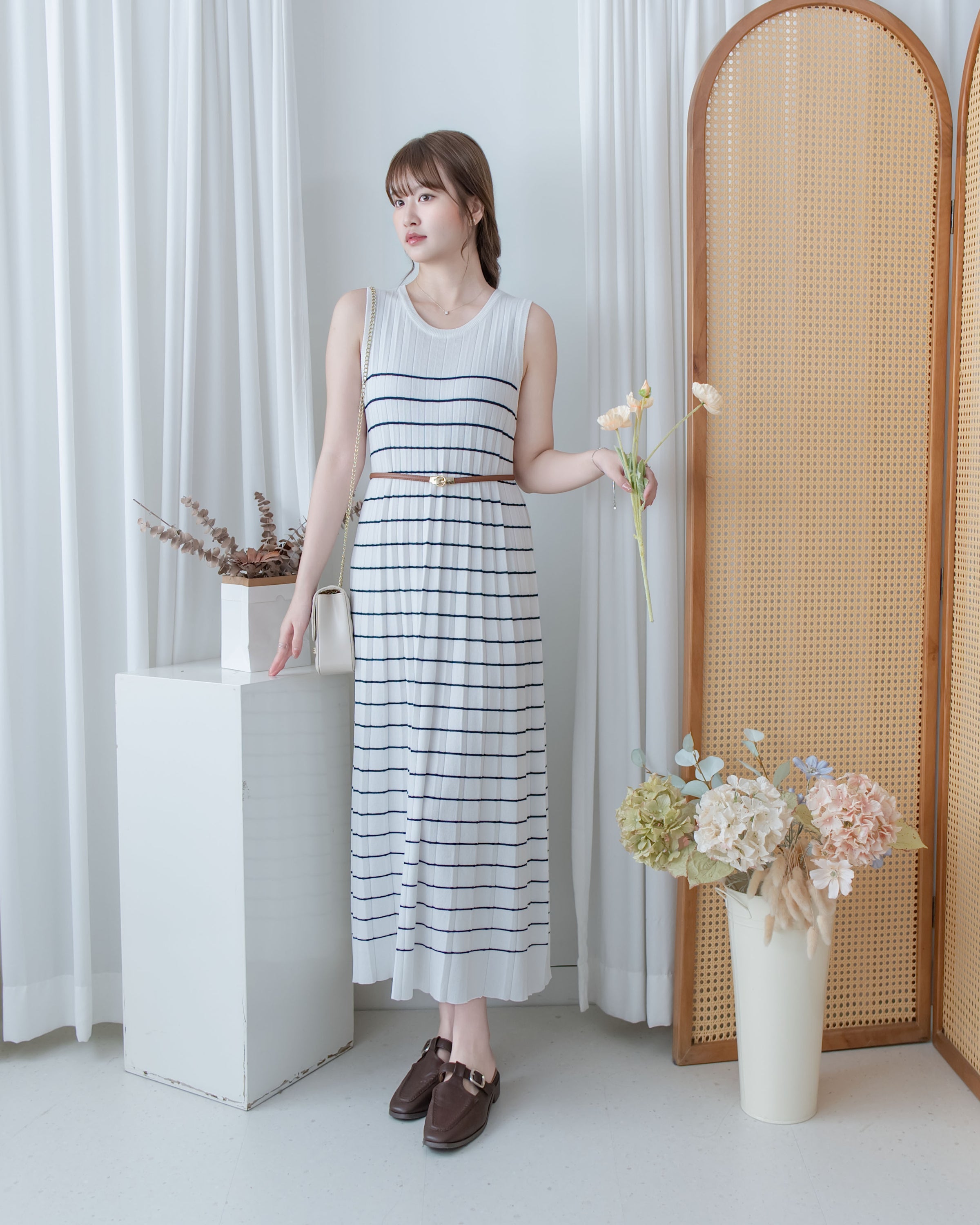 Pleated Striped Dress 條紋百褶細緻針織背心長裙/ DS1130