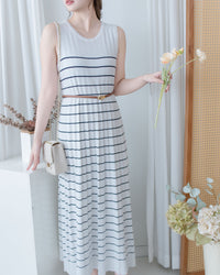 Pleated Striped Dress 條紋百褶細緻針織背心長裙/ DS1130