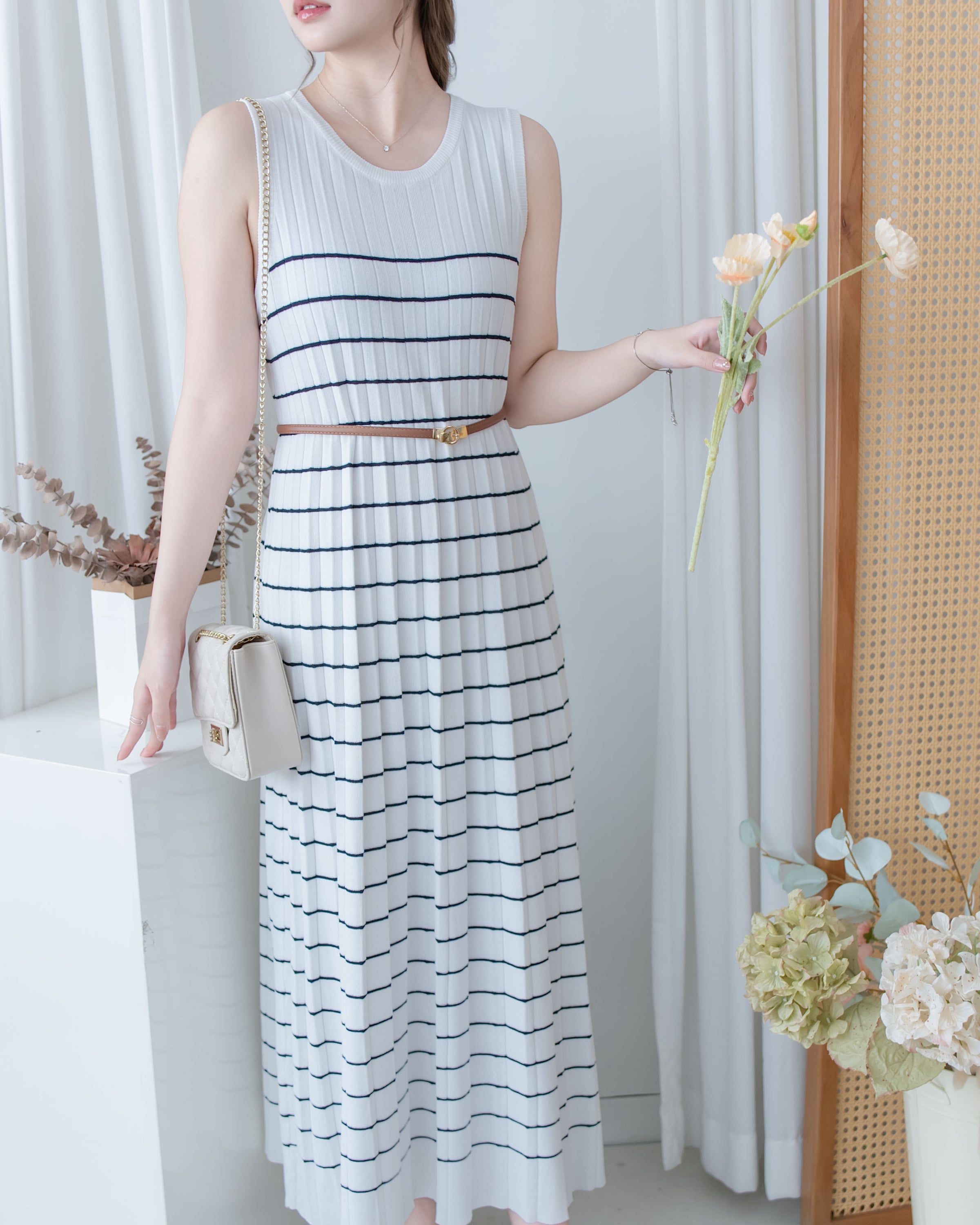 Pleated Striped Dress 條紋百褶細緻針織背心長裙/ DS1130
