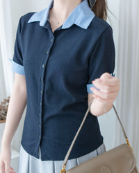 Stripe Collar Top  仿恤衫外穿針織彈性修身上衣/ TP9233