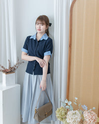 Stripe Collar Top  仿恤衫外穿針織彈性修身上衣/ TP9233