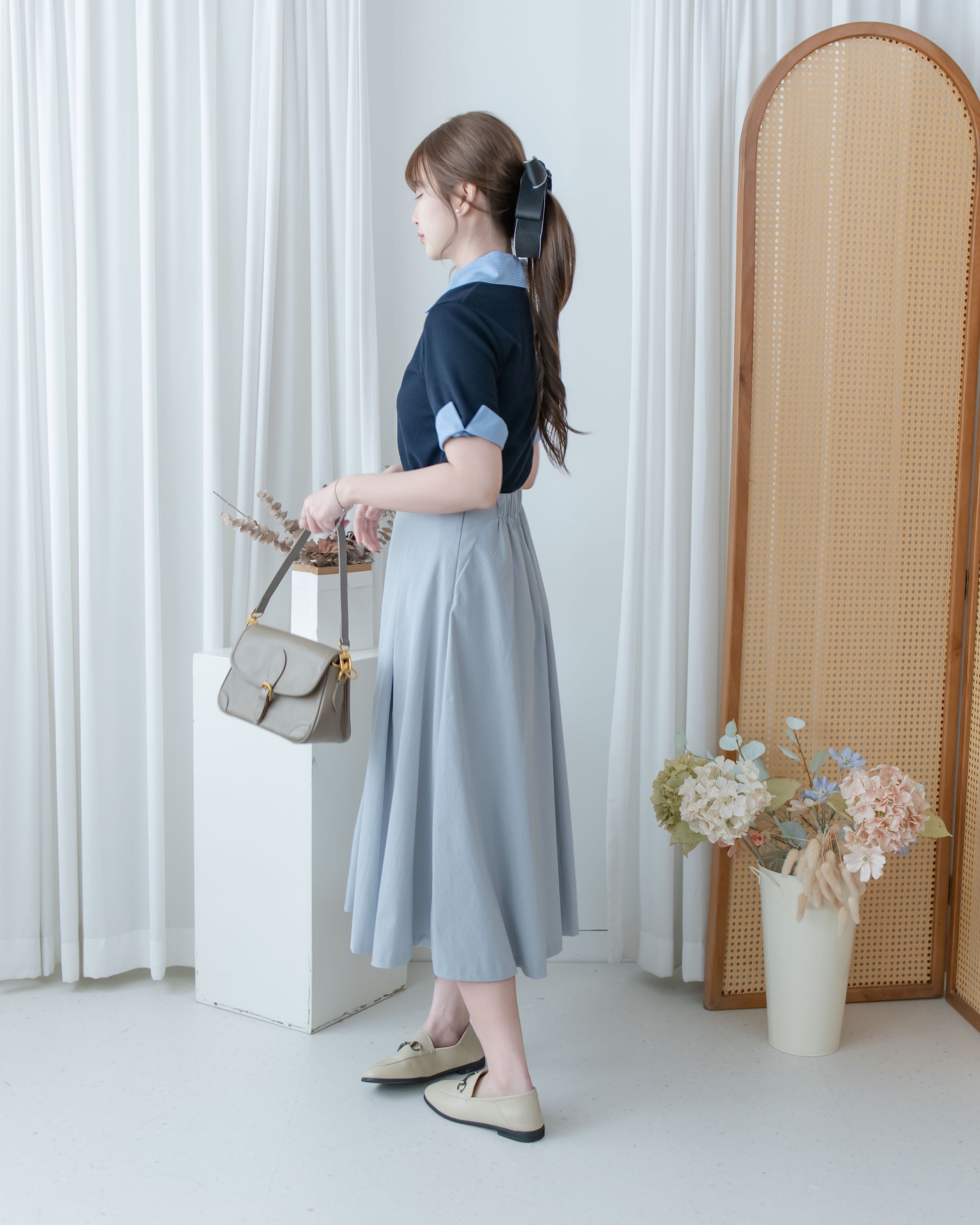 Stripe Collar Top  仿恤衫外穿針織彈性修身上衣/ TP9233