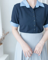 Stripe Collar Top  仿恤衫外穿針織彈性修身上衣/ TP9233
