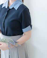 Stripe Collar Top  仿恤衫外穿針織彈性修身上衣/ TP9233