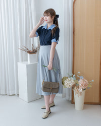 MistBlue Skirt 淺霧藍前褶顯瘦日常傘裙/ SK8944