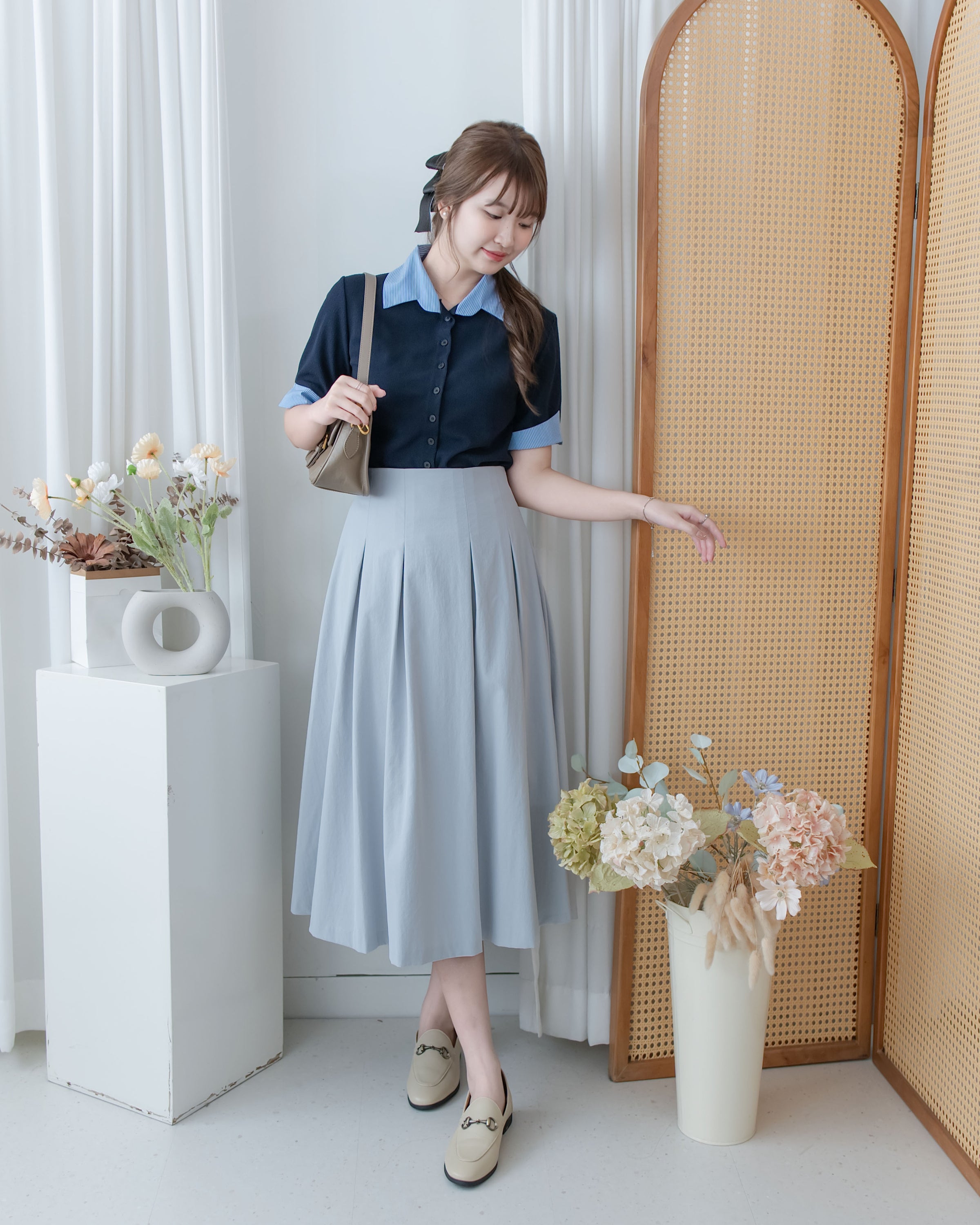 MistBlue Skirt 淺霧藍前褶顯瘦日常傘裙/ SK8944
