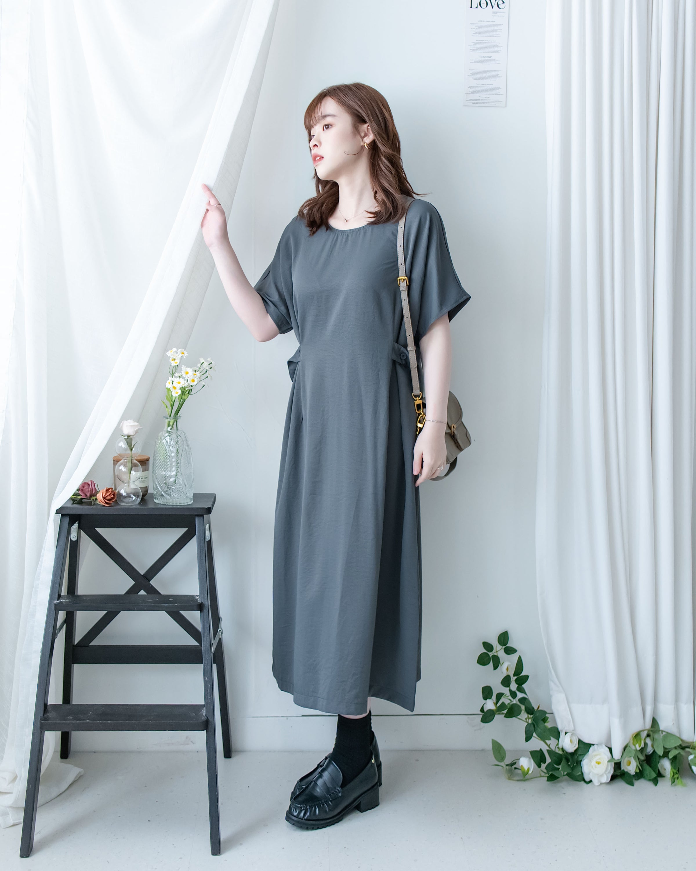 Bonnie Dress 側鈕扣修腰後開叉連身裙/ DS1143