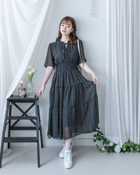 Ethnic Stripe Dress 清新條紋小花束花邊高腰連身裙/ DS1145
