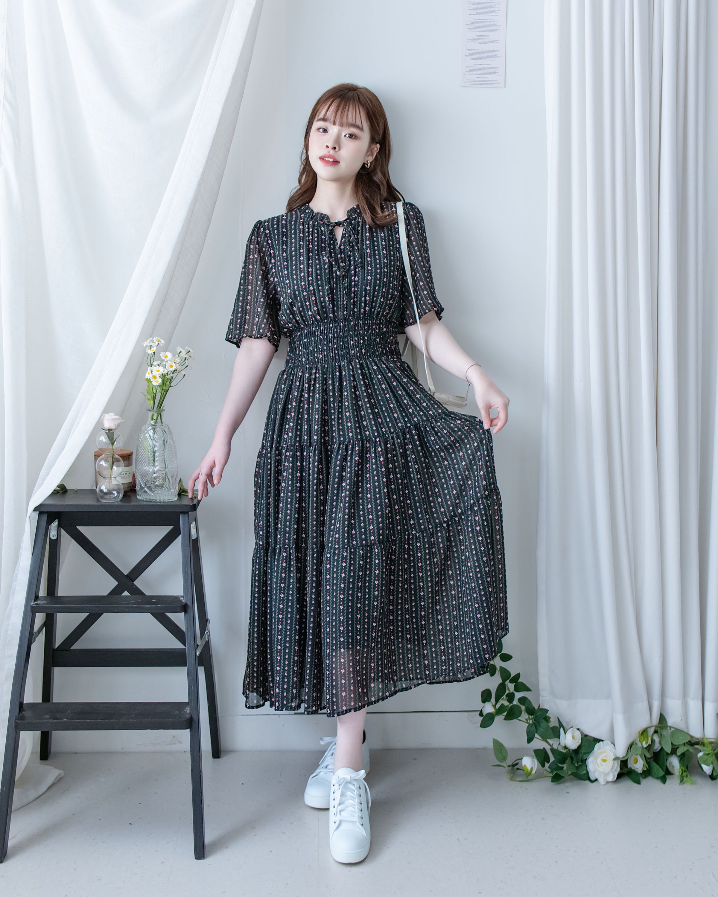 Ethnic Stripe Dress 清新條紋小花束花邊高腰連身裙/ DS1145