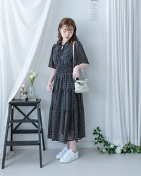 Ethnic Stripe Dress 清新條紋小花束花邊高腰連身裙/ DS1145