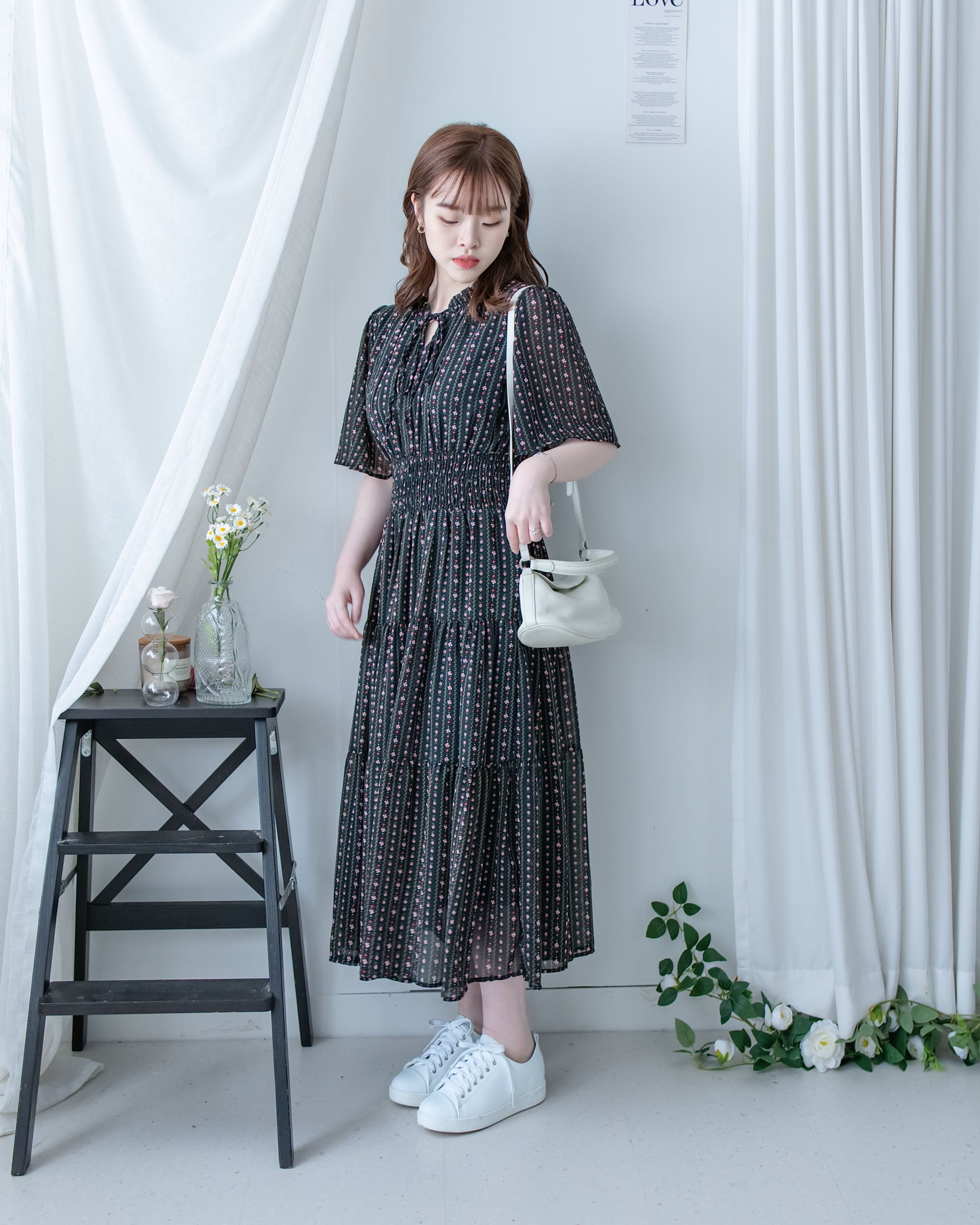 Ethnic Stripe Dress 清新條紋小花束花邊高腰連身裙/ DS1145