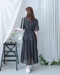 Ethnic Stripe Dress 清新條紋小花束花邊高腰連身裙/ DS1145