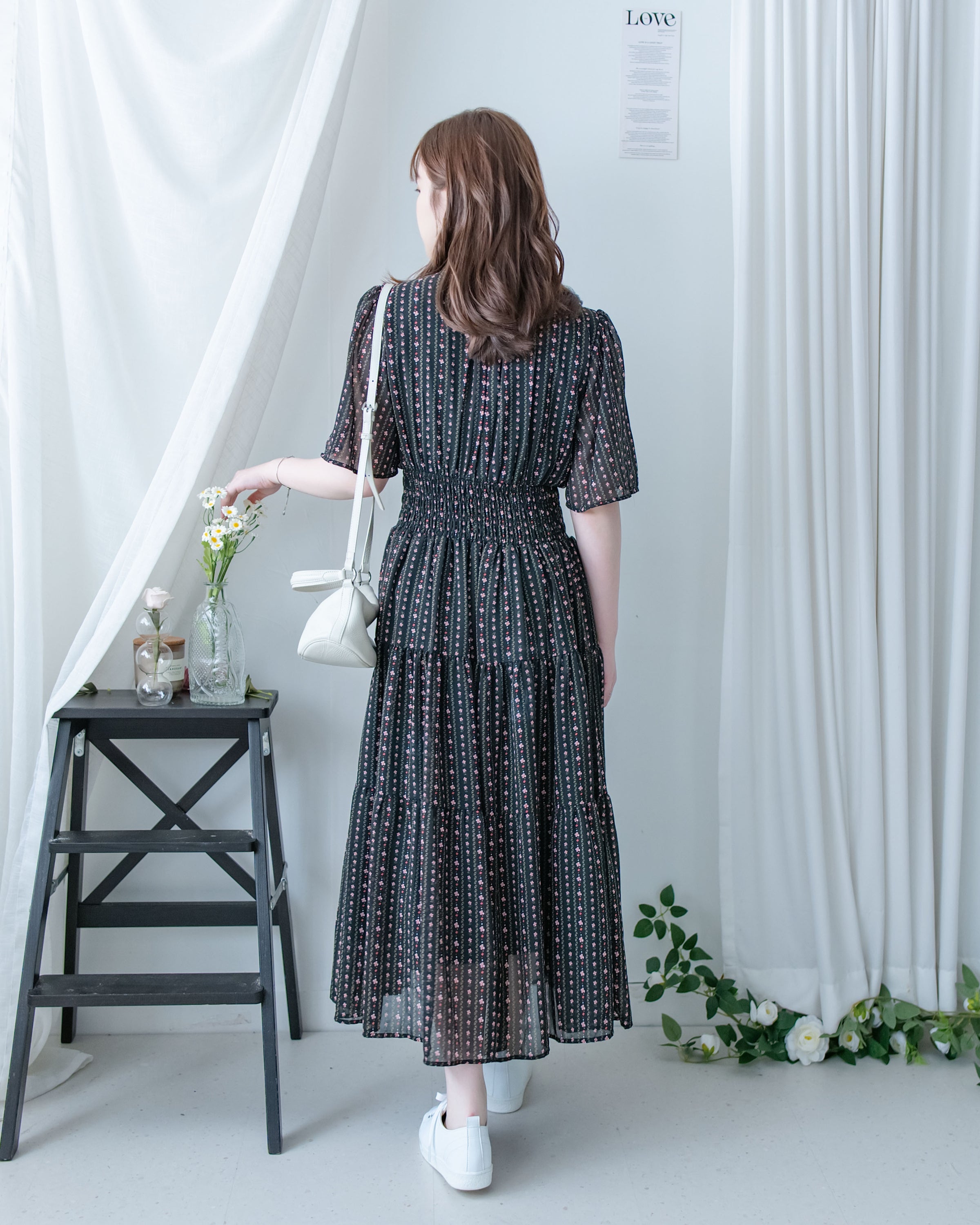 Ethnic Stripe Dress 清新條紋小花束花邊高腰連身裙/ DS1145
