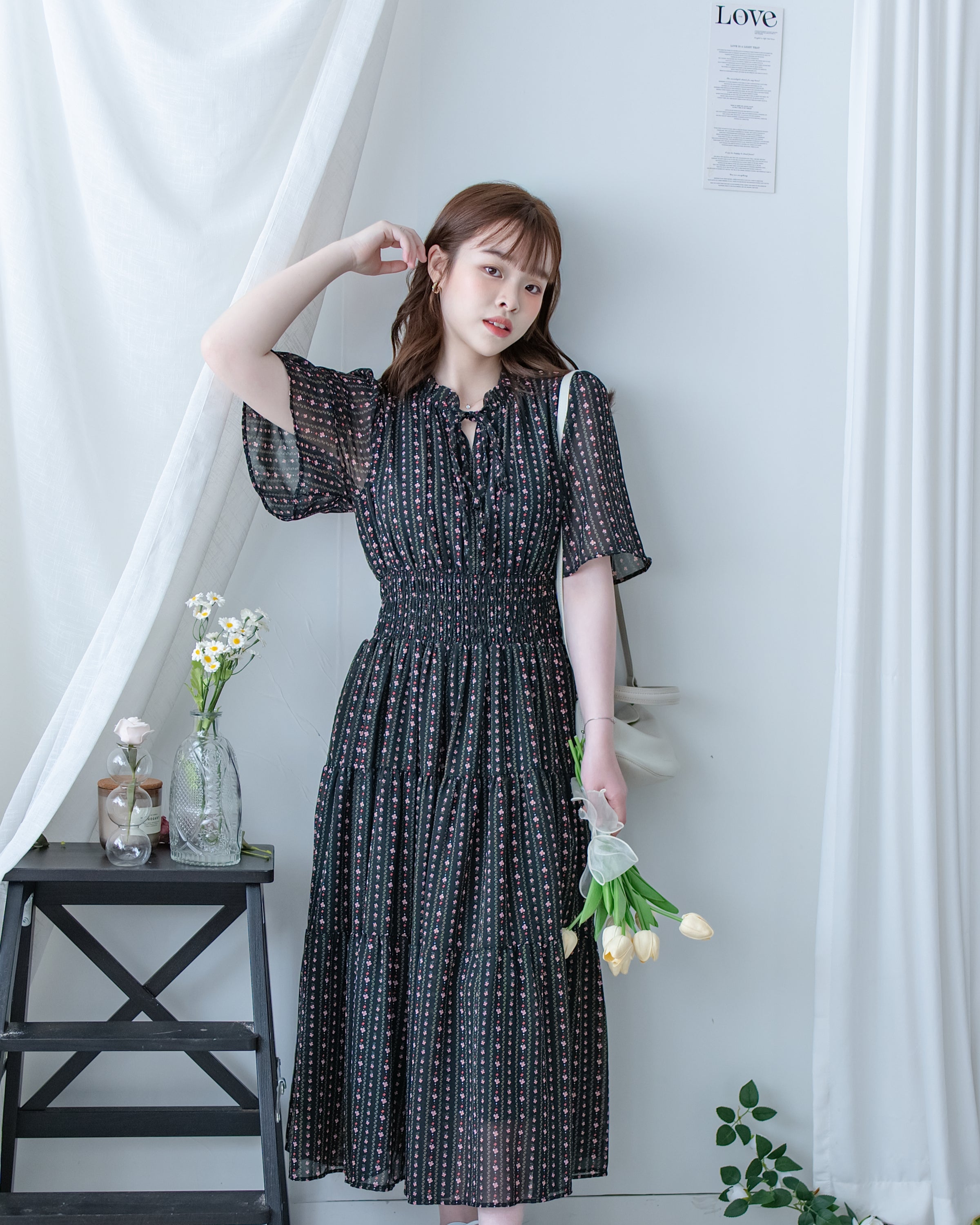 Ethnic Stripe Dress 清新條紋小花束花邊高腰連身裙/ DS1145