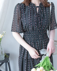 Ethnic Stripe Dress 清新條紋小花束花邊高腰連身裙/ DS1145