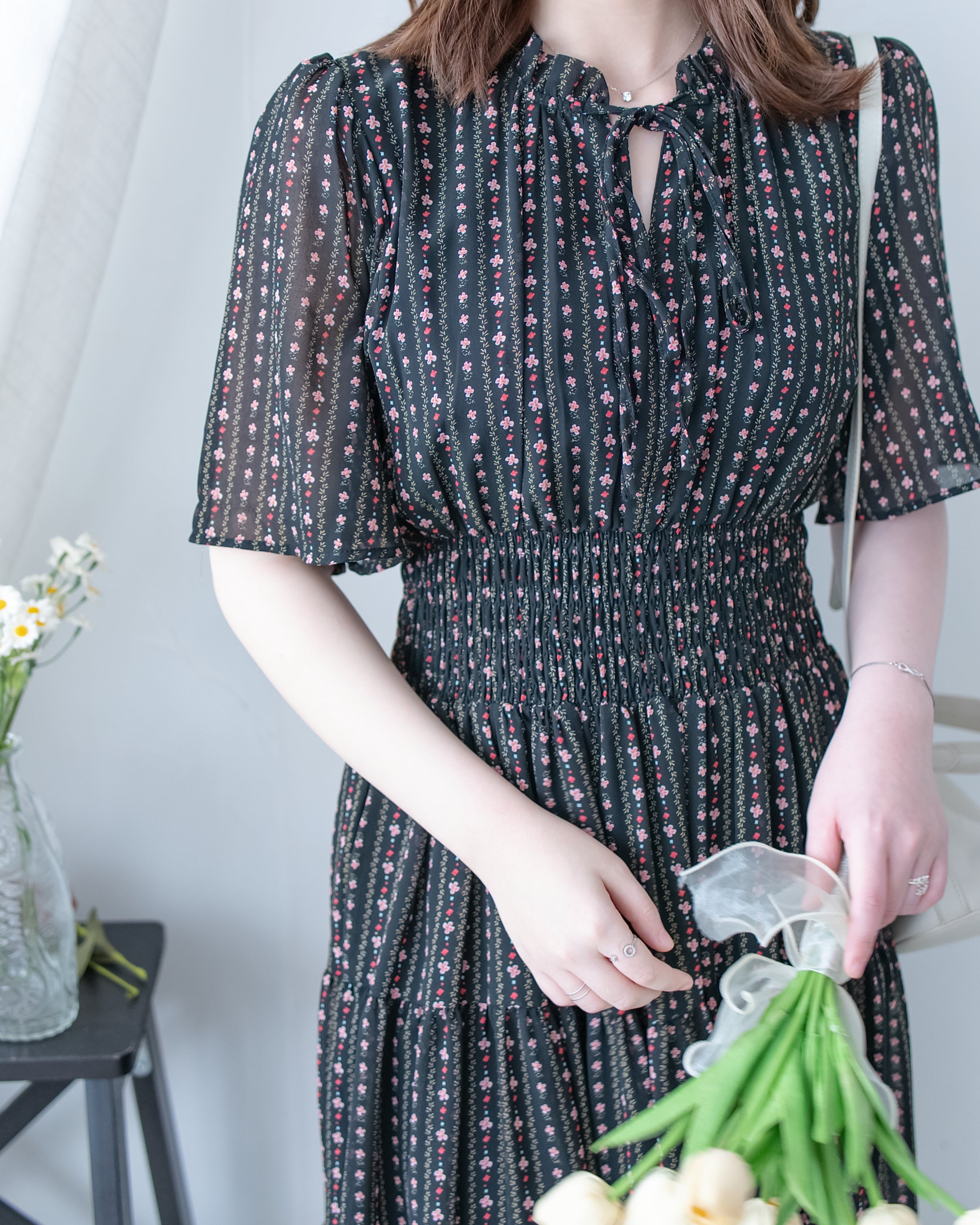 Ethnic Stripe Dress 清新條紋小花束花邊高腰連身裙/ DS1145