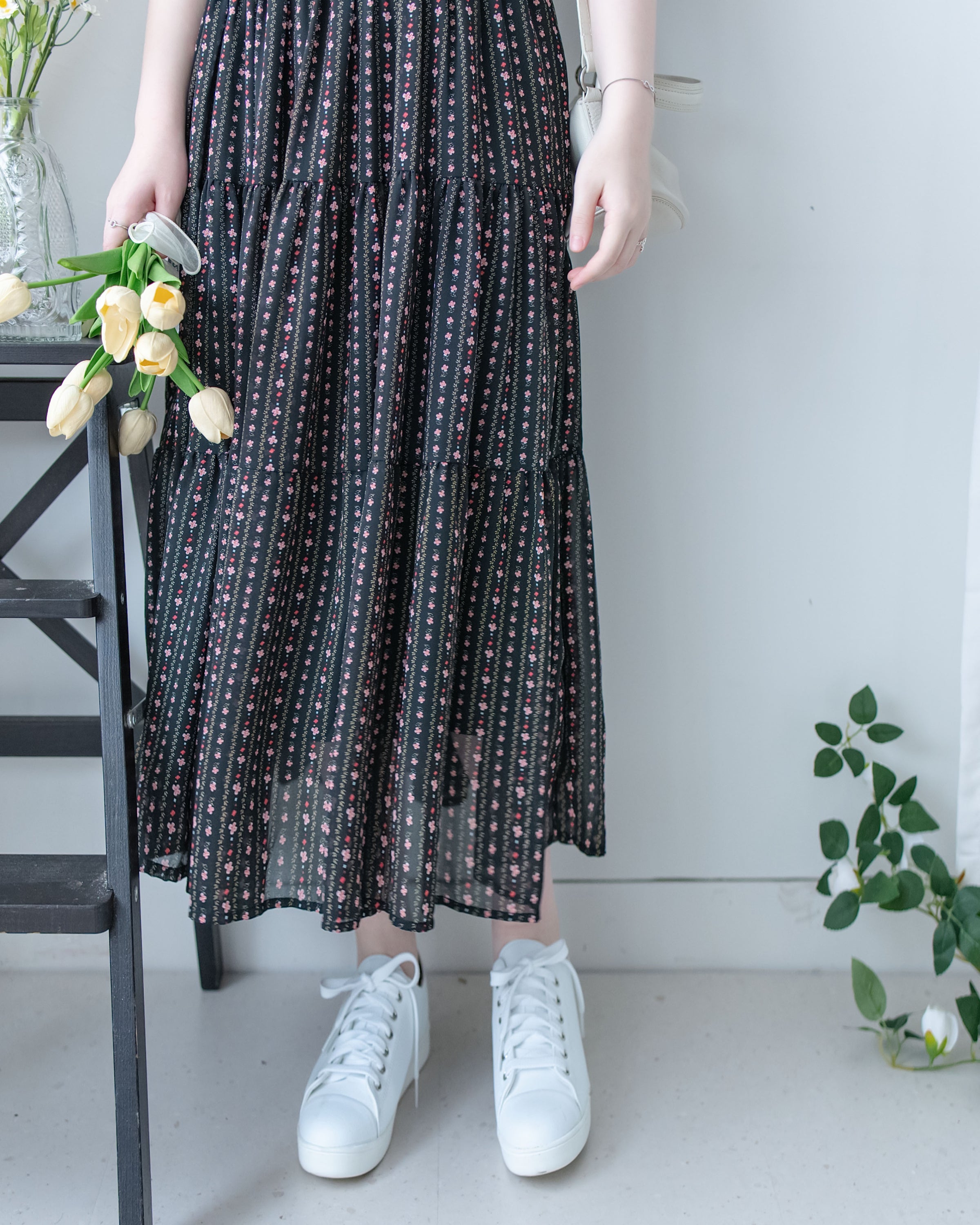 Ethnic Stripe Dress 清新條紋小花束花邊高腰連身裙/ DS1145