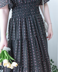 Ethnic Stripe Dress 清新條紋小花束花邊高腰連身裙/ DS1145