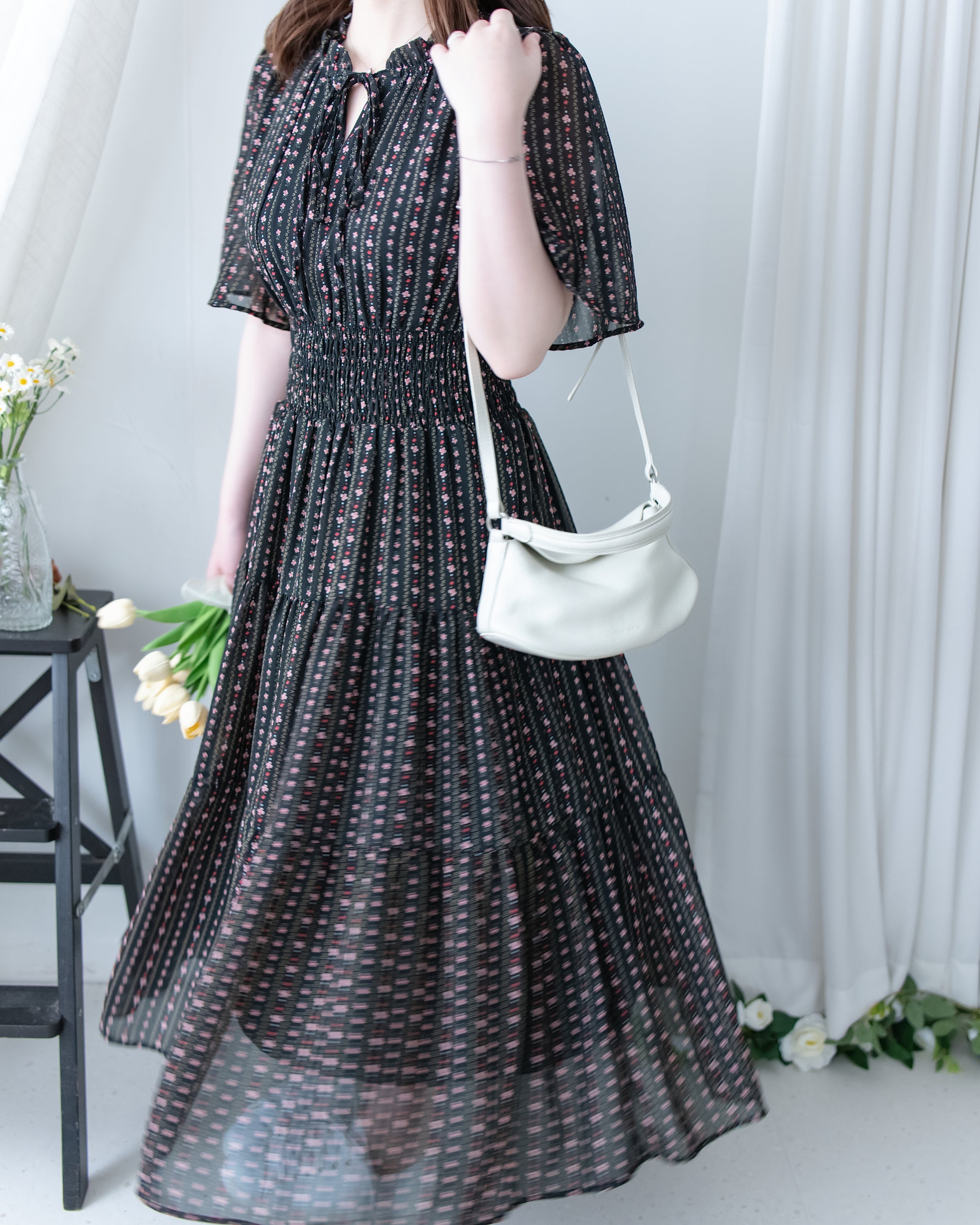 Ethnic Stripe Dress 清新條紋小花束花邊高腰連身裙/ DS1145