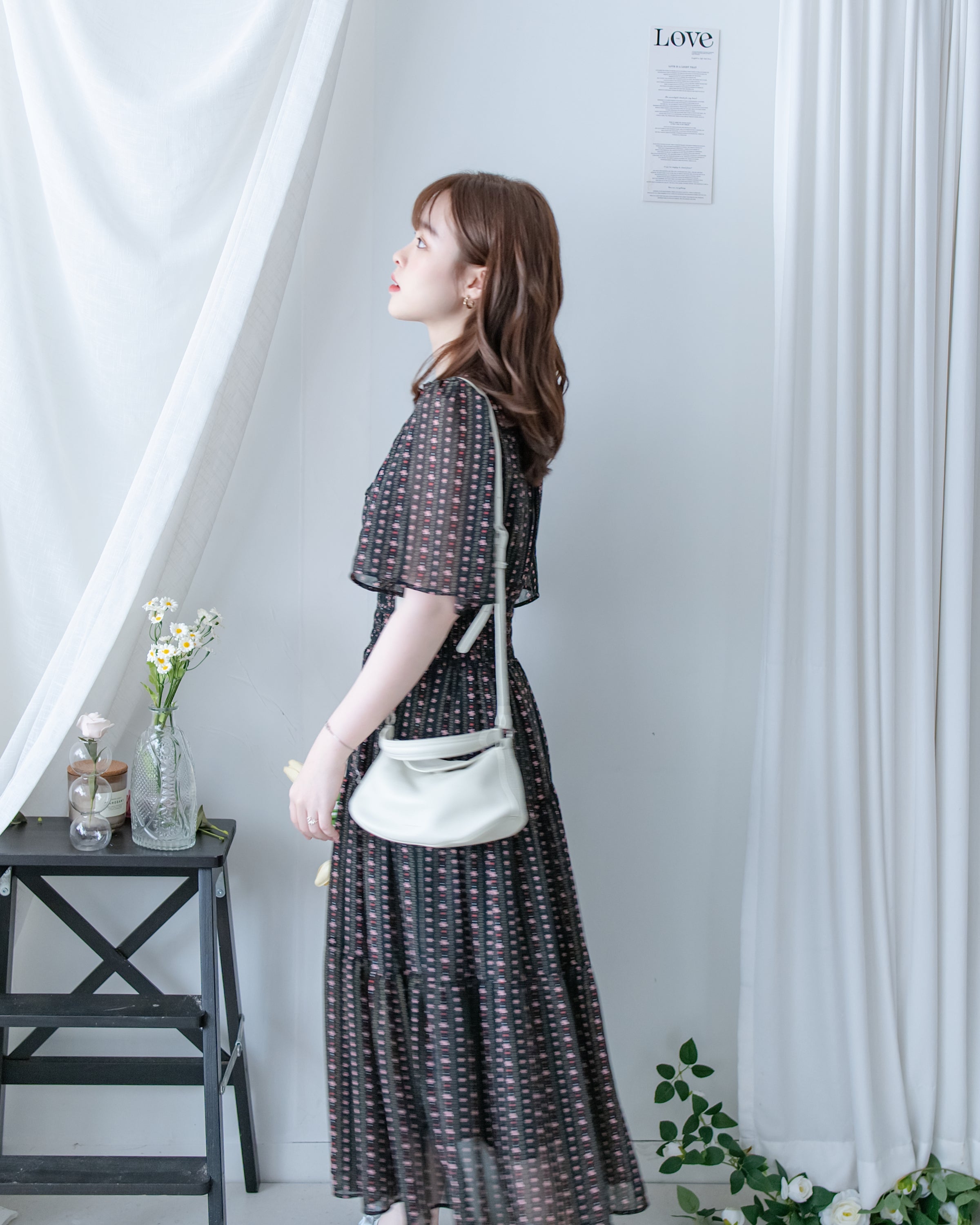 Ethnic Stripe Dress 清新條紋小花束花邊高腰連身裙/ DS1145