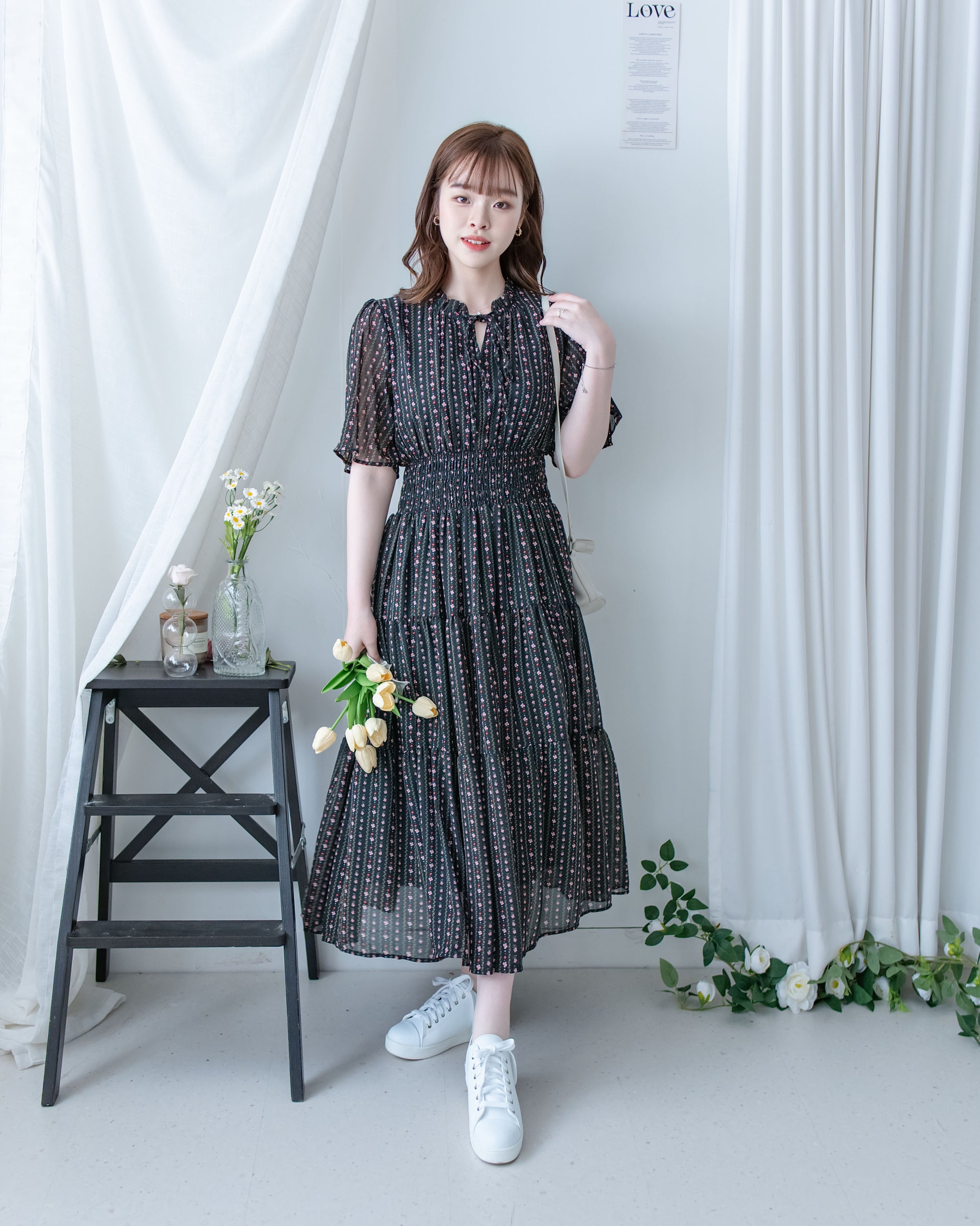 Ethnic Stripe Dress 清新條紋小花束花邊高腰連身裙/ DS1145
