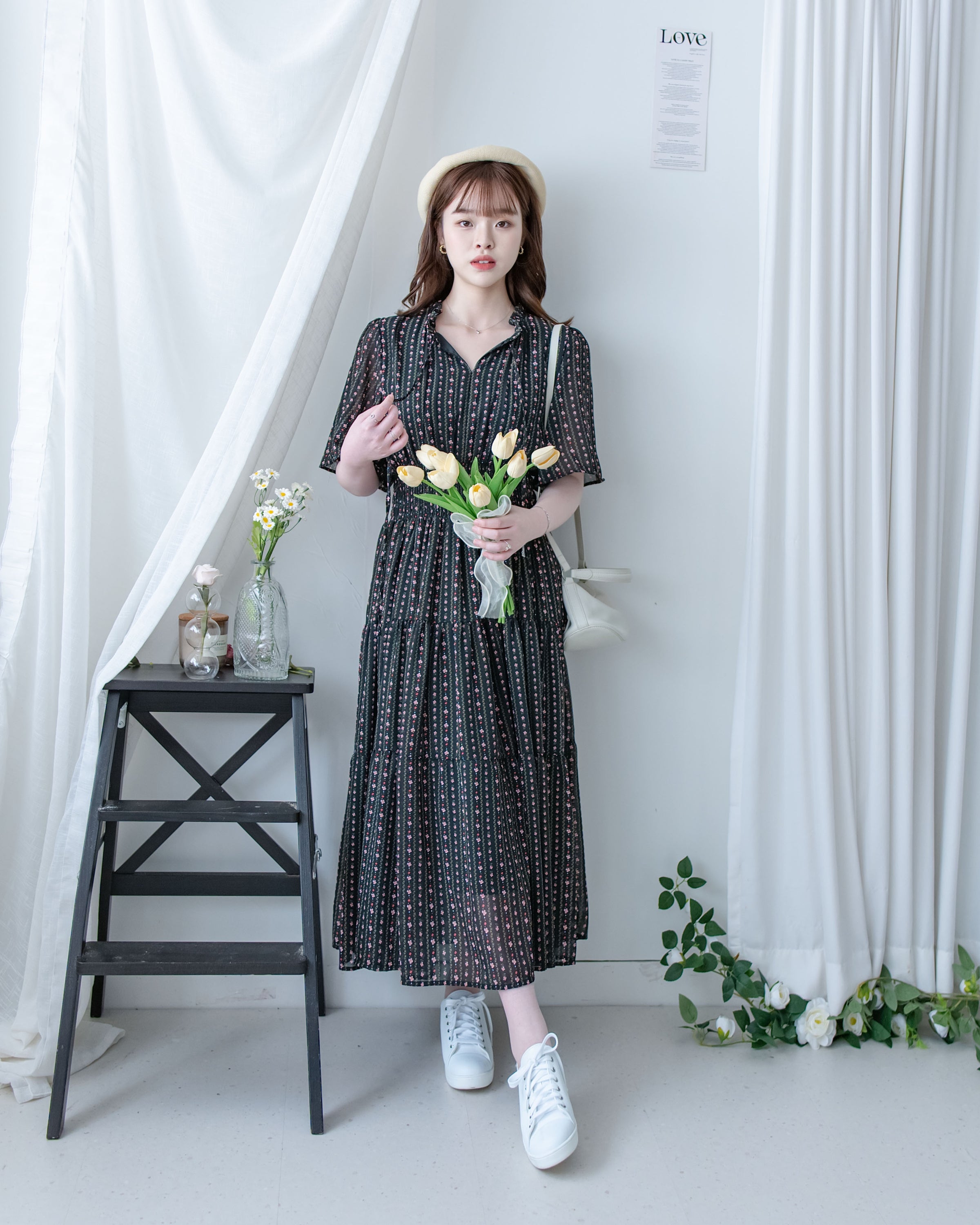 Ethnic Stripe Dress 清新條紋小花束花邊高腰連身裙/ DS1145