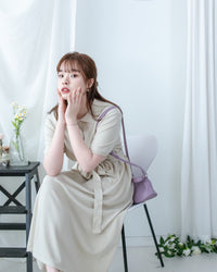 Cotton Dress 夏日輕薄針織翻領腰帶修腰連身裙/ DS1142