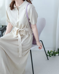Cotton Dress 夏日輕薄針織翻領腰帶修腰連身裙/ DS1142