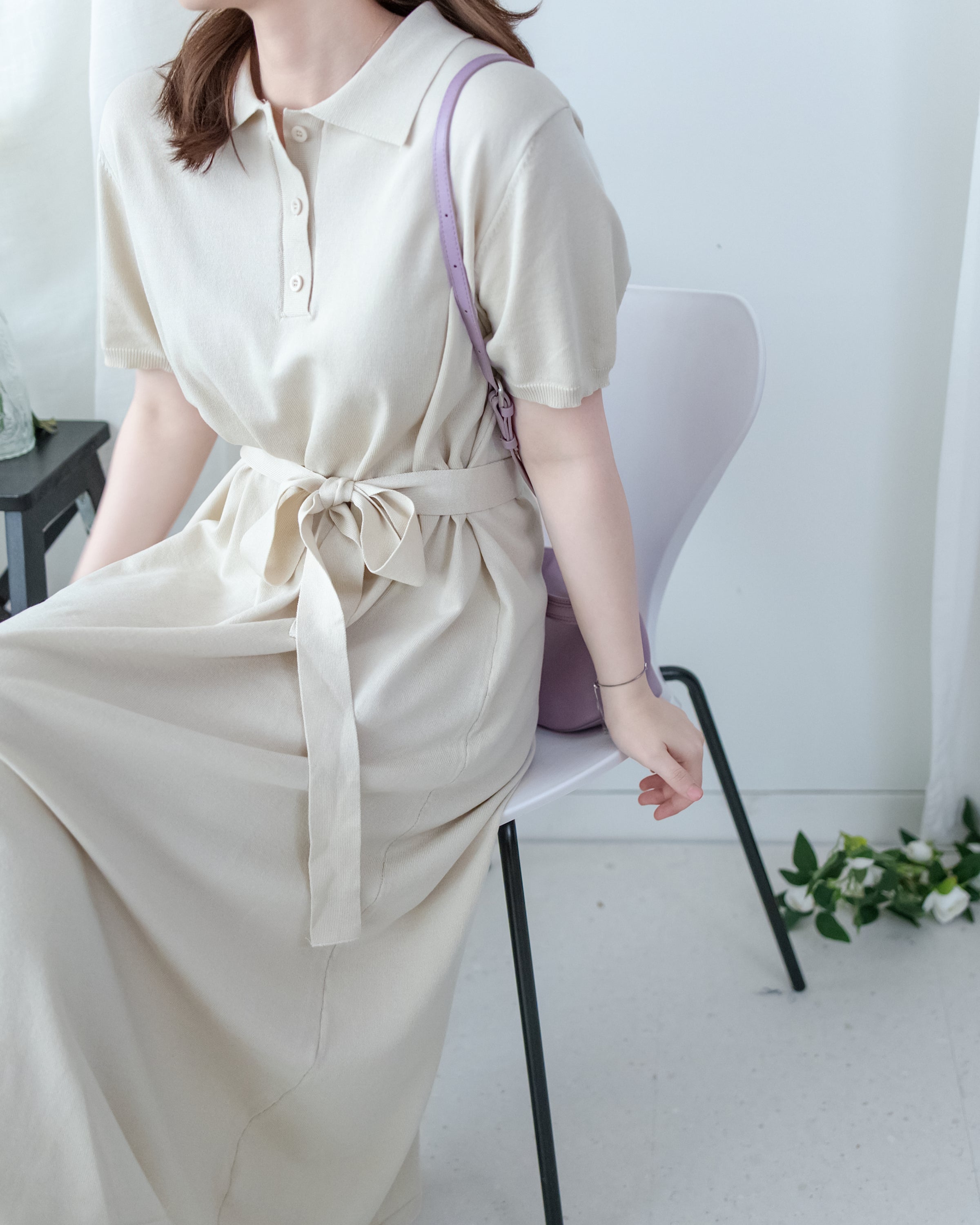 Cotton Dress 夏日輕薄針織翻領腰帶修腰連身裙/ DS1142