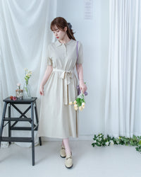 Cotton Dress 夏日輕薄針織翻領腰帶修腰連身裙/ DS1142
