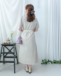 Cotton Dress 夏日輕薄針織翻領腰帶修腰連身裙/ DS1142