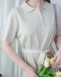 Cotton Dress 夏日輕薄針織翻領腰帶修腰連身裙/ DS1142