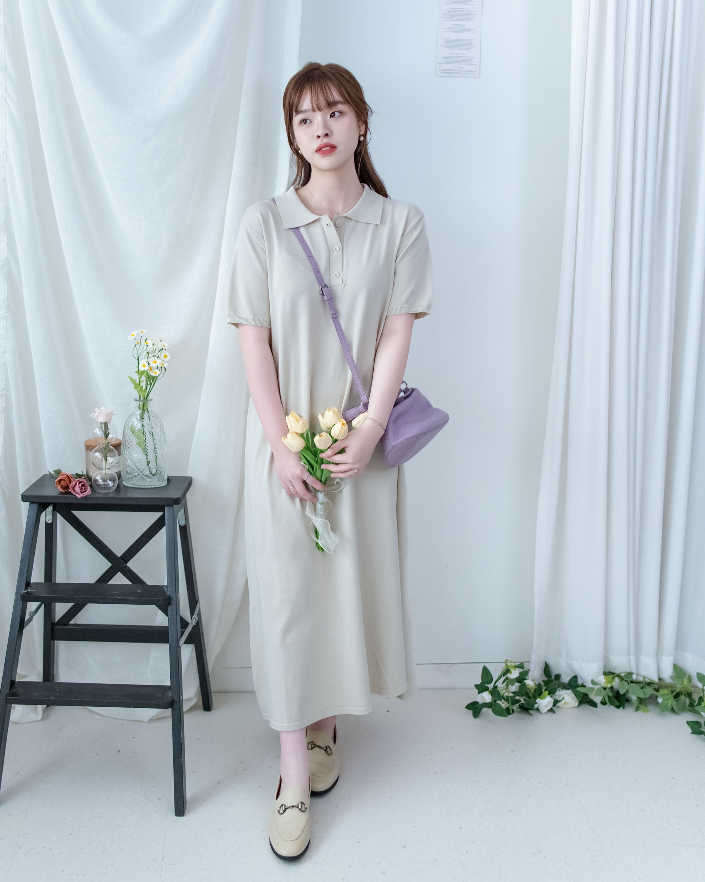 Cotton Dress 夏日輕薄針織翻領腰帶修腰連身裙/ DS1142