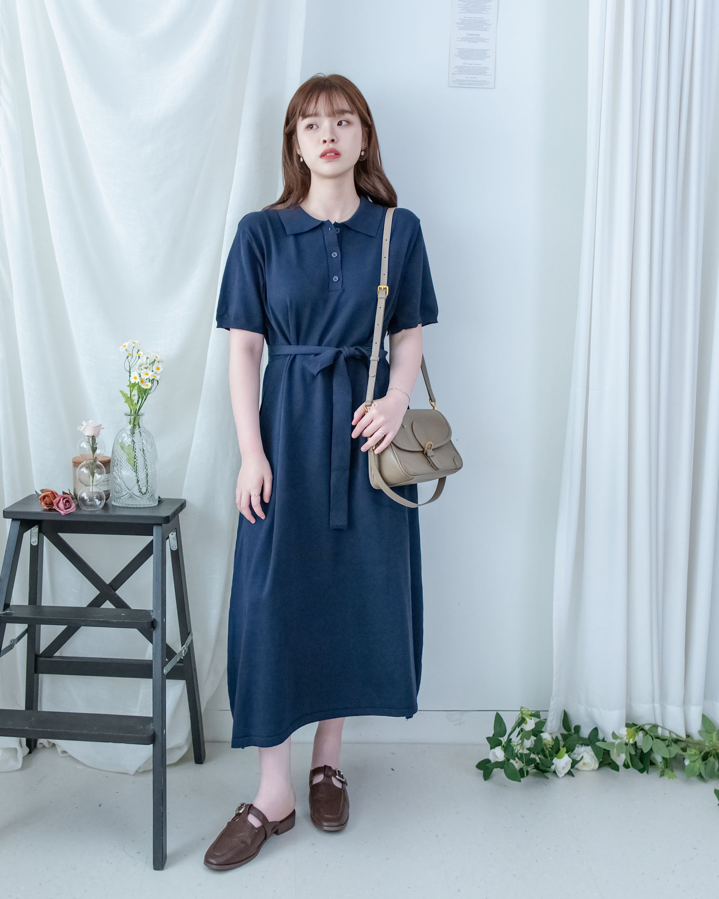 Cotton Dress 夏日輕薄針織翻領腰帶修腰連身裙/ DS1142