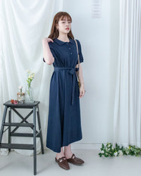 Cotton Dress 夏日輕薄針織翻領腰帶修腰連身裙/ DS1142