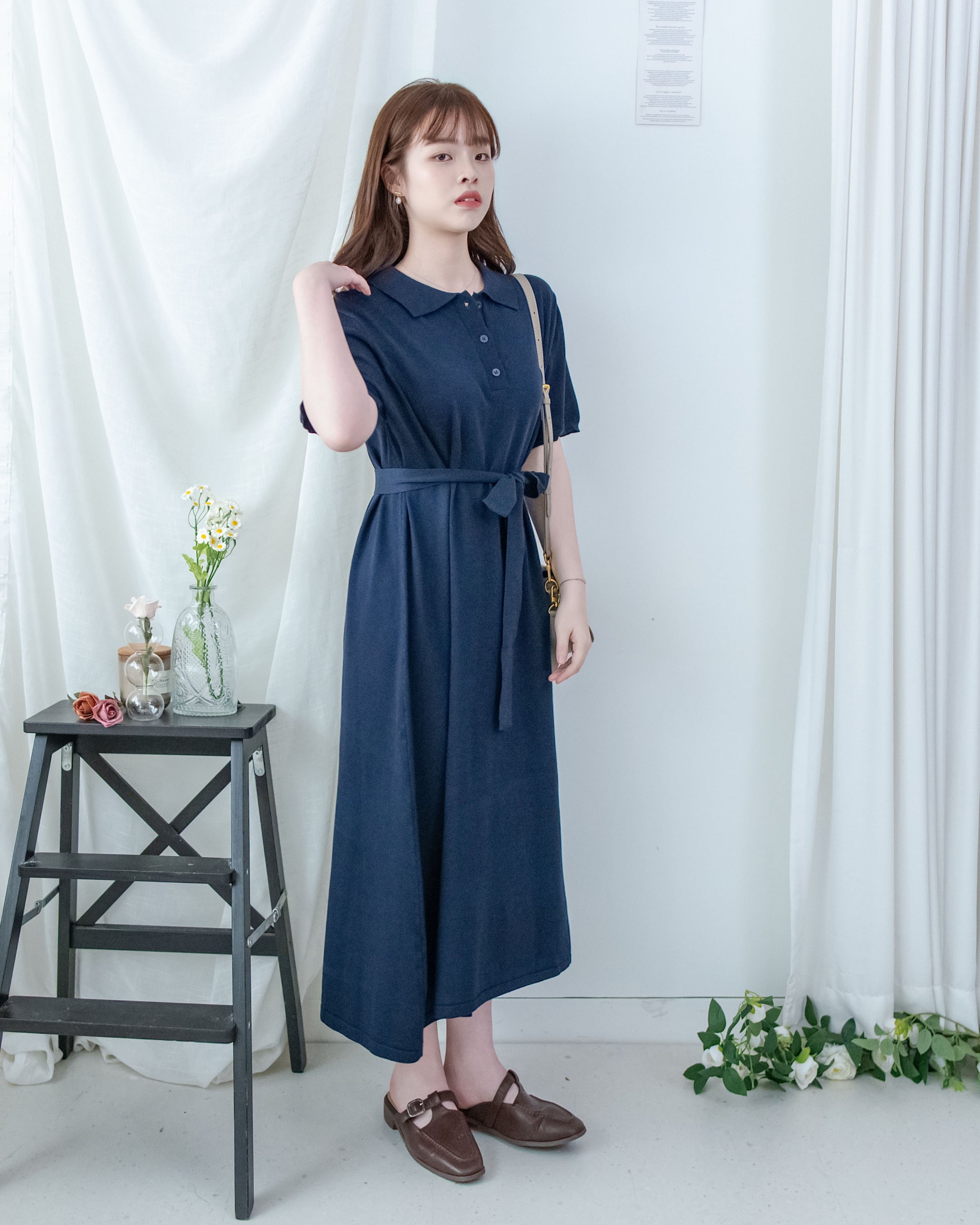 Cotton Dress 夏日輕薄針織翻領腰帶修腰連身裙/ DS1142