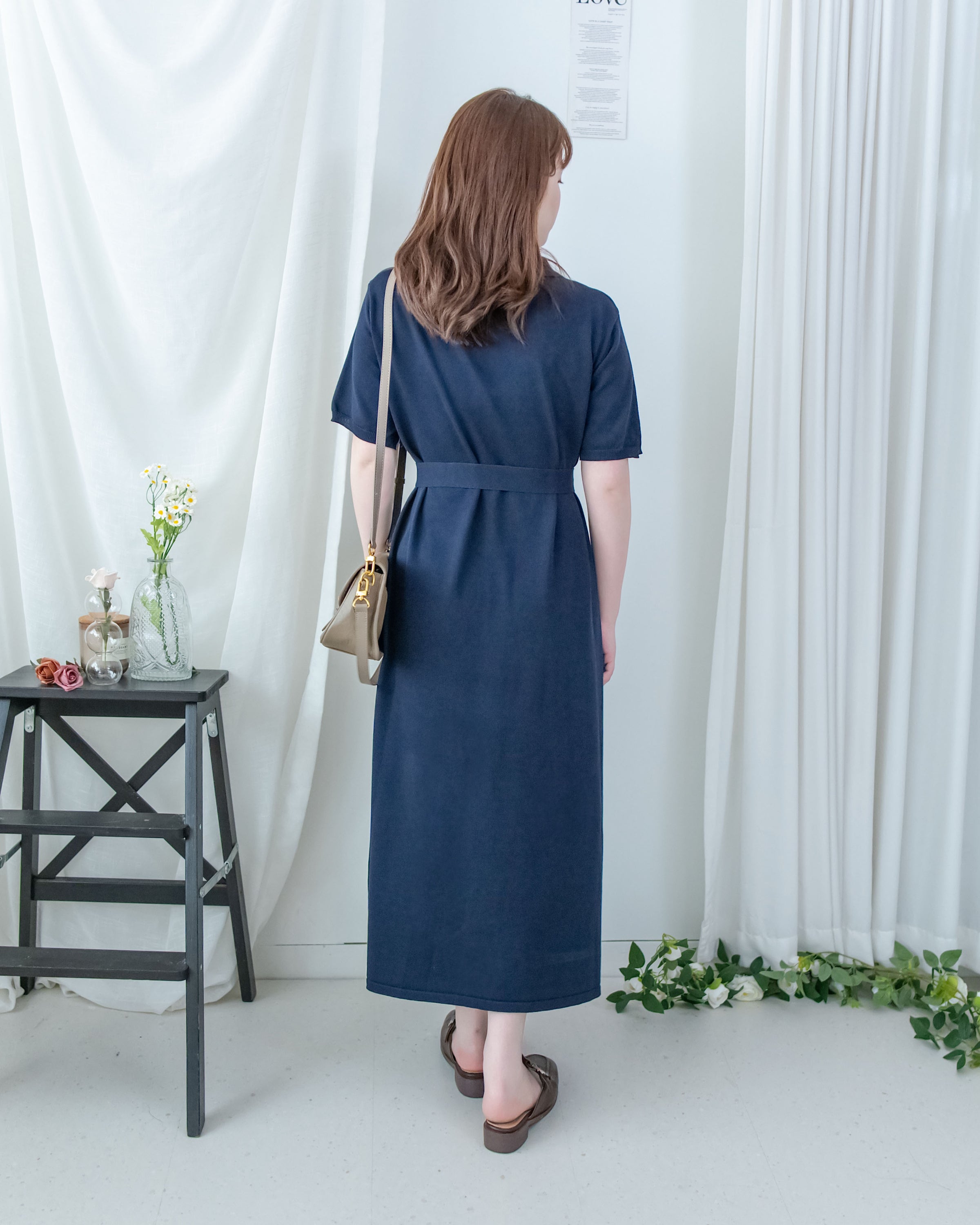 Cotton Dress 夏日輕薄針織翻領腰帶修腰連身裙/ DS1142