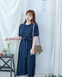 Cotton Dress 夏日輕薄針織翻領腰帶修腰連身裙/ DS1142