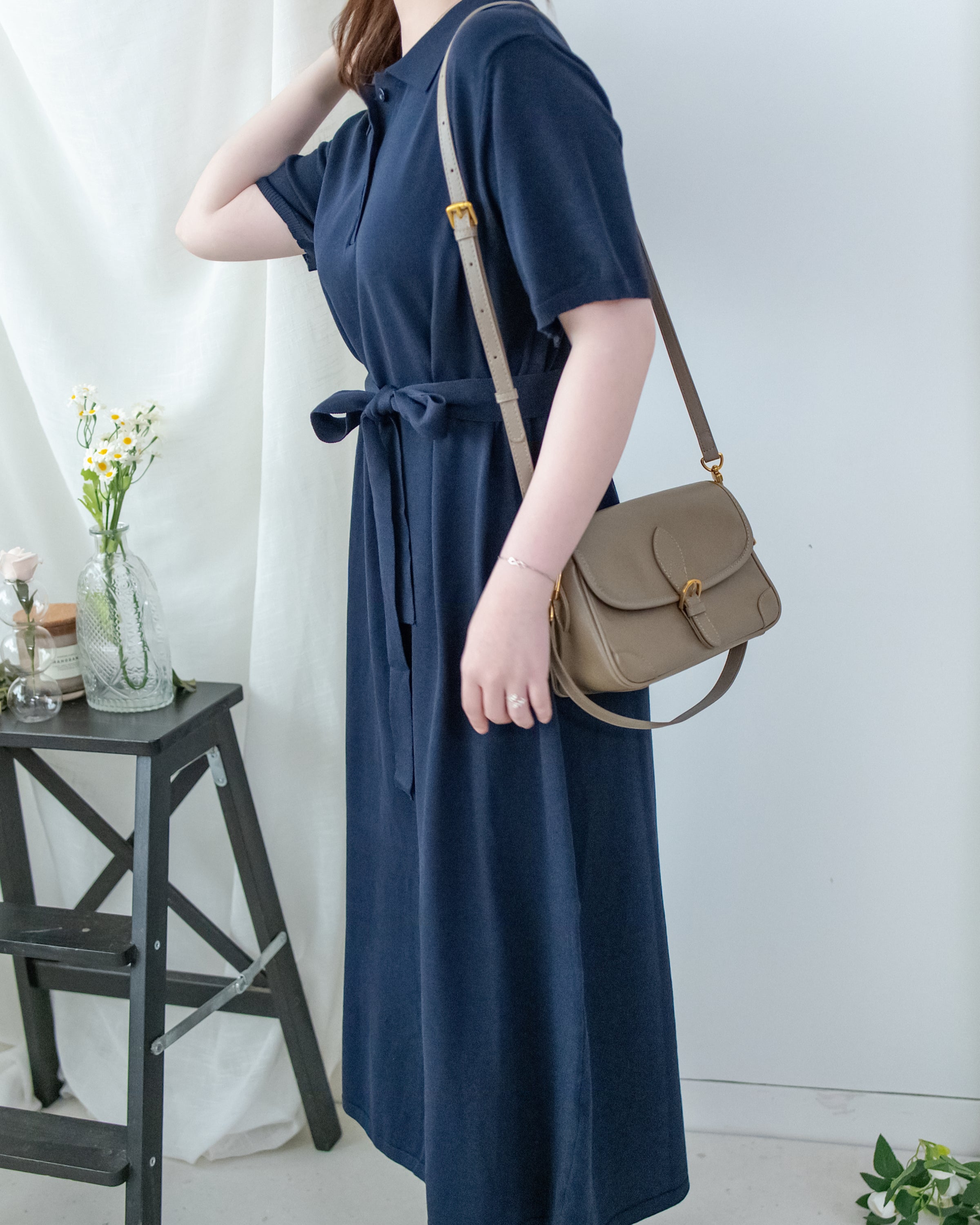 Cotton Dress 夏日輕薄針織翻領腰帶修腰連身裙/ DS1142