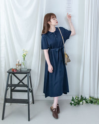 Cotton Dress 夏日輕薄針織翻領腰帶修腰連身裙/ DS1142