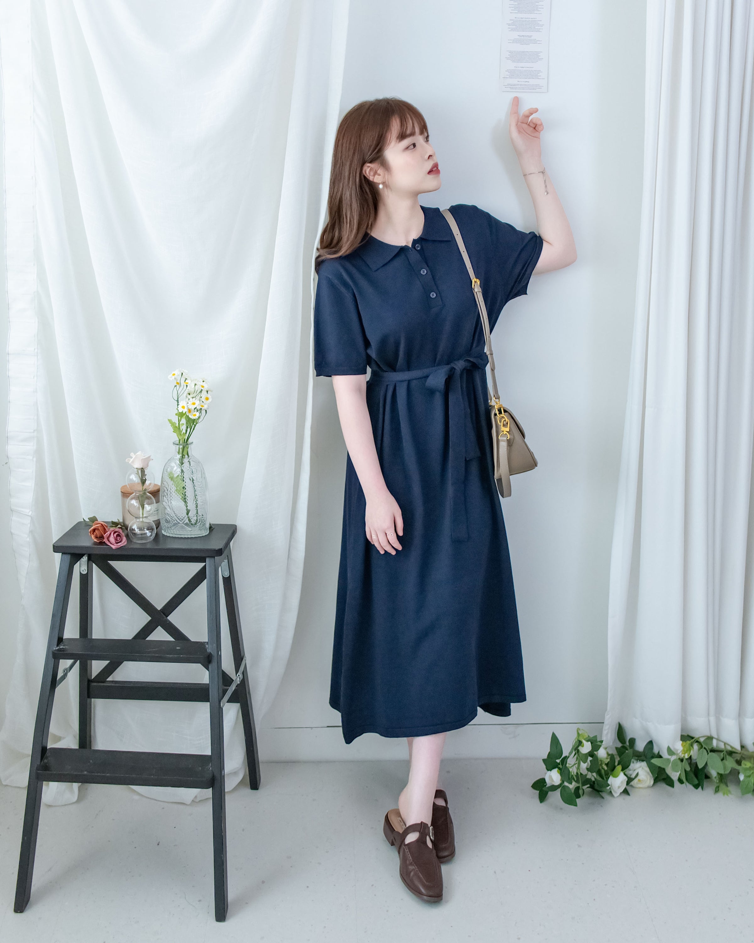 Cotton Dress 夏日輕薄針織翻領腰帶修腰連身裙/ DS1142