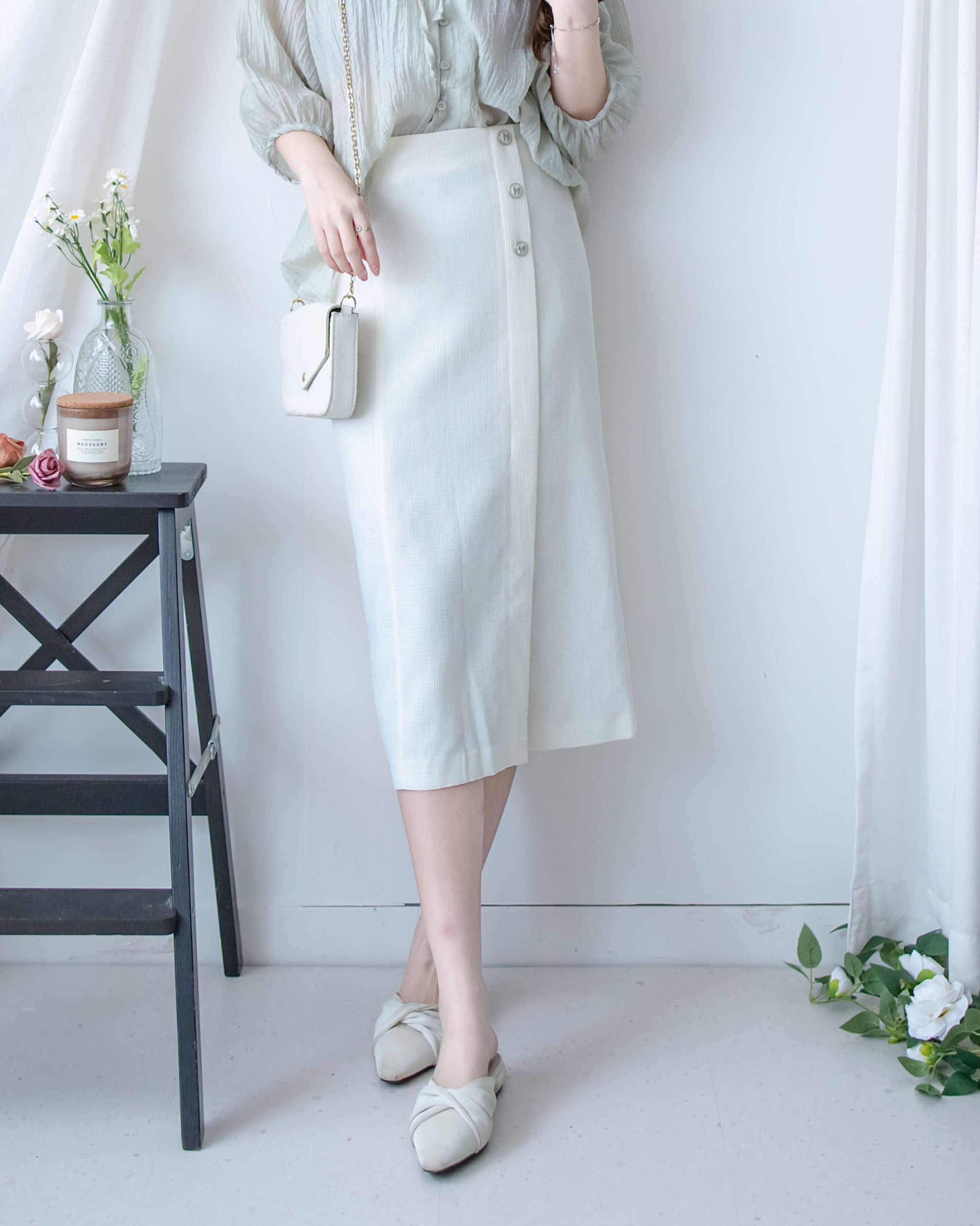Coco Skirt 微閃十字紋前開叉知性半裙/ SK8945 (pre-order white)