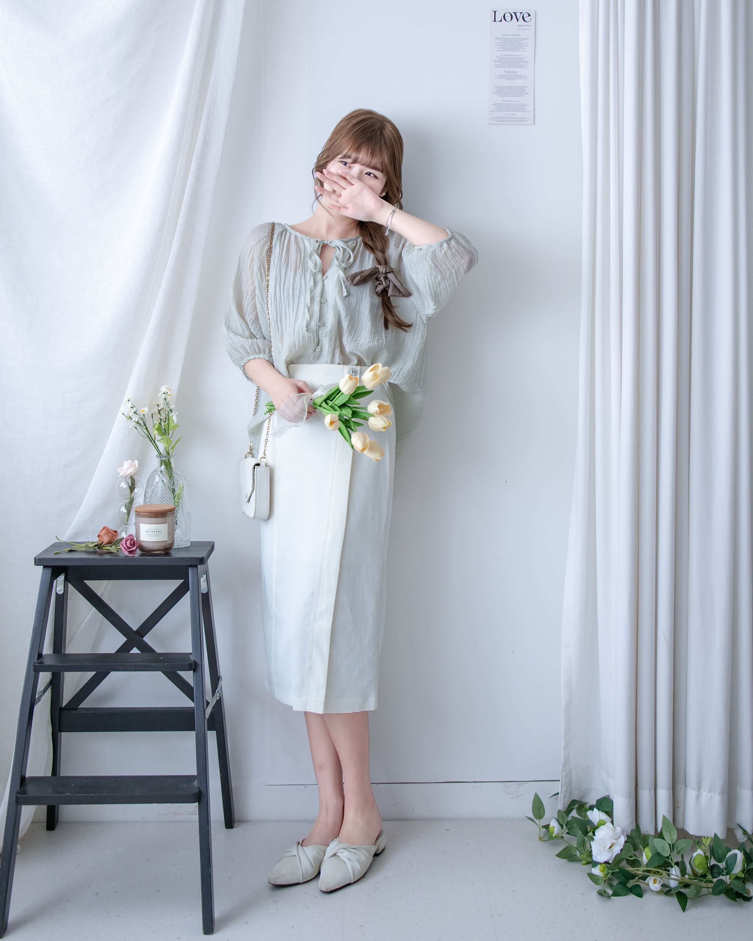 Coco Skirt 微閃十字紋前開叉知性半裙/ SK8945 (pre-order white)
