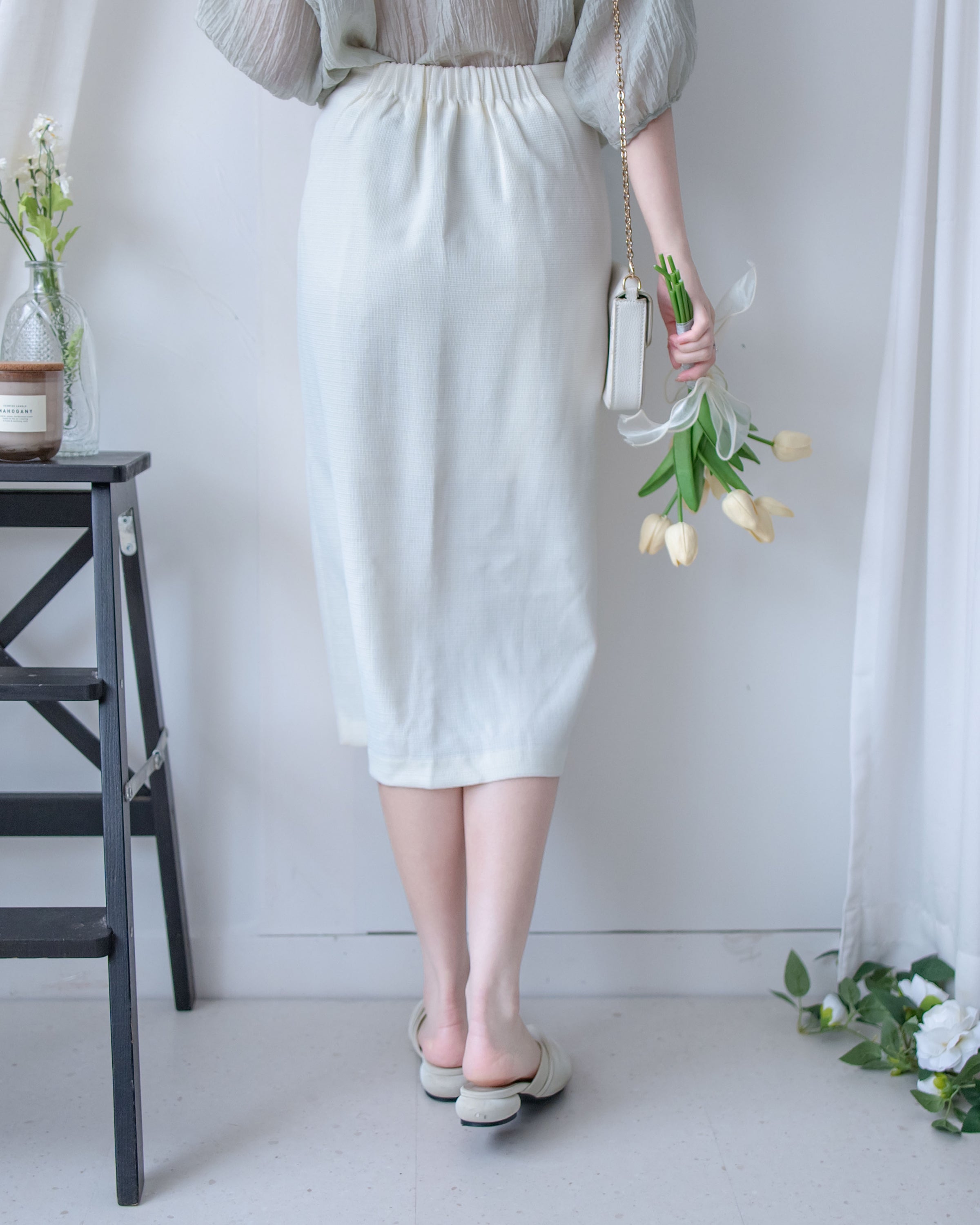 Coco Skirt 微閃十字紋前開叉知性半裙/ SK8945 (pre-order white)